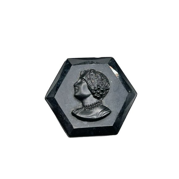 Vintage Black Glass Cameo Pin Brooch Hexagon Left Face Antique Mourning Jewelry - Picture 1 of 8